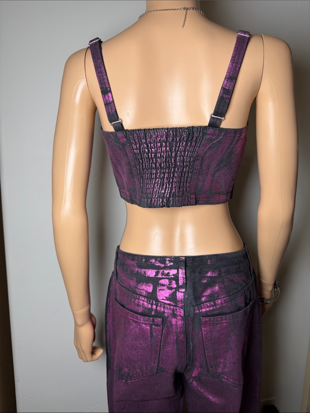 Forever 21 Shimmering Pink Straight Leg Pants Set Top Metallic Shine matching L - Picture 4 of 12